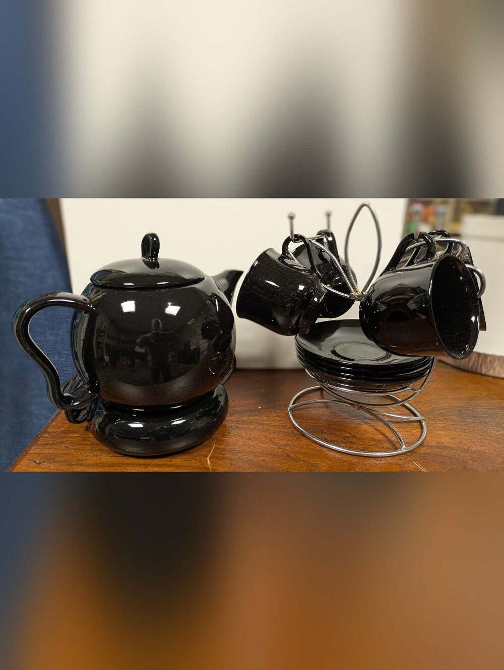 Vintage Mid Century Modern Style Teapot w/ Warmer, Chrome Stand  4 Cups & Plates